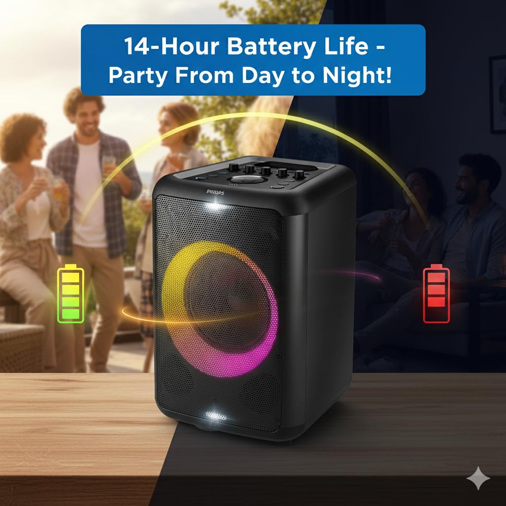 Philips X3206 Bluetooth Party Speaker - 14 Hours Play Time, Deep Bass, Party Lights, Karaoke Effects, Mic & Guitar Input, 80W Max Power, Black