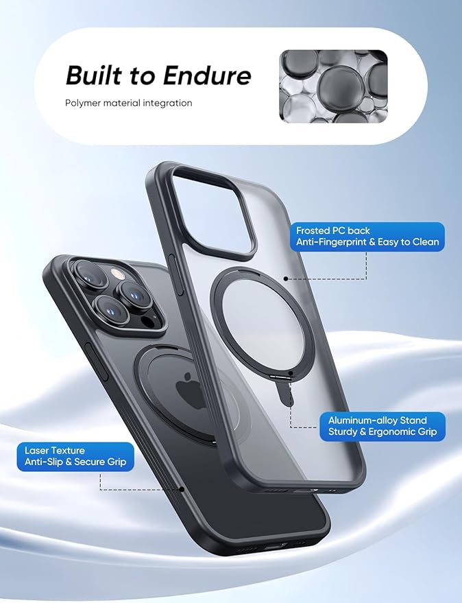 MAGIC JOHN 360° Rotatable Magnetic Invisible Stand for iPhone 15 Pro Case [Camera Control Button] [Compatible with MagSafe] 16FT Shockproof for iPhone 15 Pro Case with Kickstand, Black