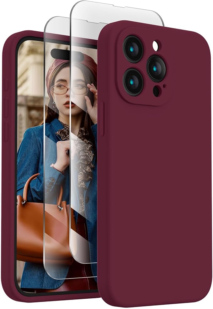 FireNova Designed for iPhone 15 Pro Case, Silicone Upgraded [Camera Protection] Phone Case with [2 Screen Protectors], Soft Anti-Scratch Microfiber Lining Inside, 6.1 inch, Plum