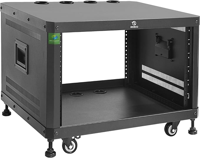 RIVECO POMU 6U Stereo & Studio Rack with Caster Wheels, Rolling Network Cabinet, Open Frame Audio Rack for 19 inches Video Music Recording & IT Equipment, Obtuse Angel, Lifting Handle