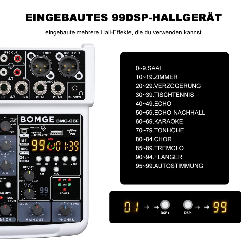 BOMGE 6 Channel mini DJ Audio sound mixer console with USB interface, Bluetooth, Stereo Recording, 48V Phantom Power, 99 DSP effects for karaoke, singing, live，streaming，pc recroding. (white)