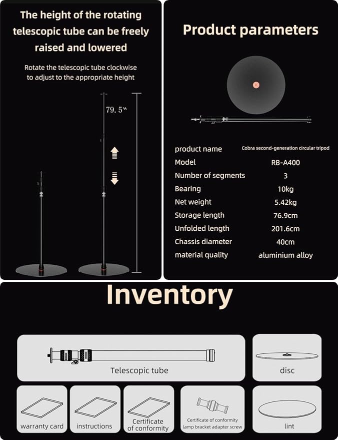 IFOOTAGE Cobra RB-A400,79" Round Base Monopod,Aluminum Photography Light Stand Flat Base for DSLR Camera, Light,Payload 22LBS