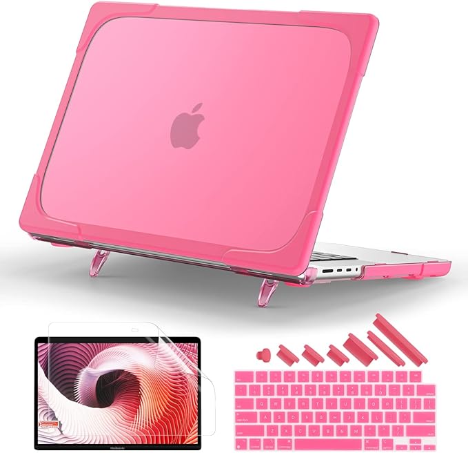 Batianda Compatible with New MacBook Pro 16 inch Case 2024 M4 Chip 2023 2021 Release with M3 M2 Pro Max, Heavy Duty Protective Plastic Hard Shell with Fold Kickstand & Keyboard Cover Protector, Rose
