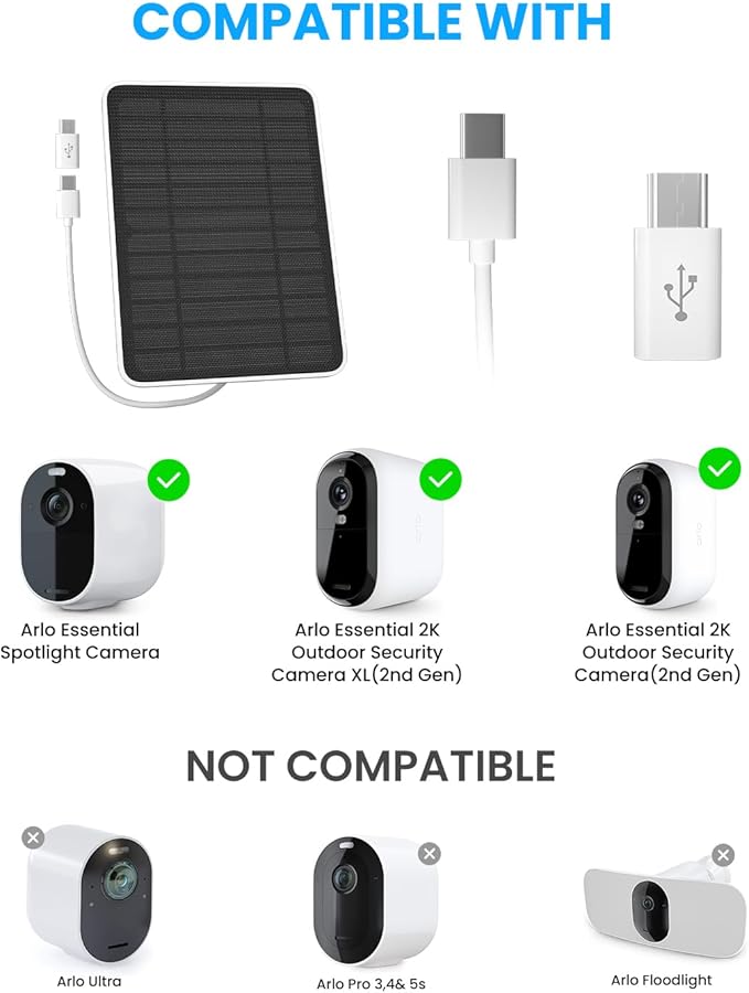 Solar Panel Charger Compatible with Arlo Essential 2K Outdoor(2nd Gen)/Essential XL Camera(2nd Gen)/Essential Spotlight, 5W Solar Panel with IP65 Waterproof 10ft Micro USB-C Cable & Wall Mount, 4 Pack