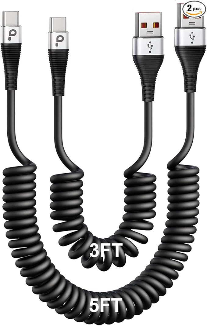 USB Type C Coiled Cable Fast Charging (3FT/5FT), 2Pack Android Auto Charging Cord for Car, Short USB A to USB C Charge Cable Compatible with iPhone 16/15/Pro Max/Samsung Galaxy S20 Note 10 and More