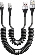 USB Type C Coiled Cable Fast Charging (3FT/5FT), 2Pack Android Auto Charging Cord for Car, Short USB A to USB C Charge Cable Compatible with iPhone 16/15/Pro Max/Samsung Galaxy S20 Note 10 and More