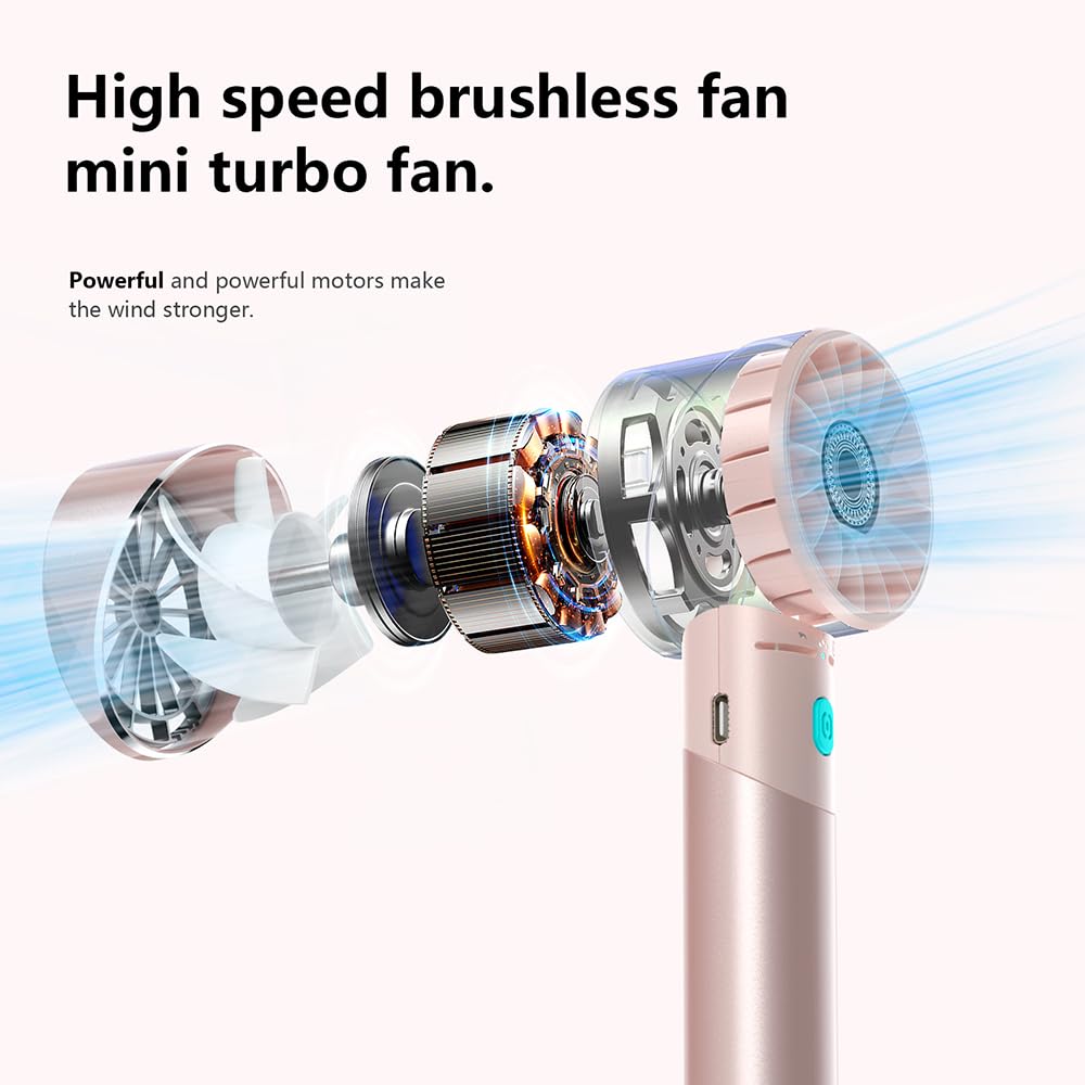Handheld Fan, Mini Small Portable Turbo Fan, USB Type-C Rechargeable with 4 High Speeds Personal Fans, Max 16 Hours Working Time, Small Hand Fan for Travel, Camping, Office, Home, Outdoor - Pink, G3