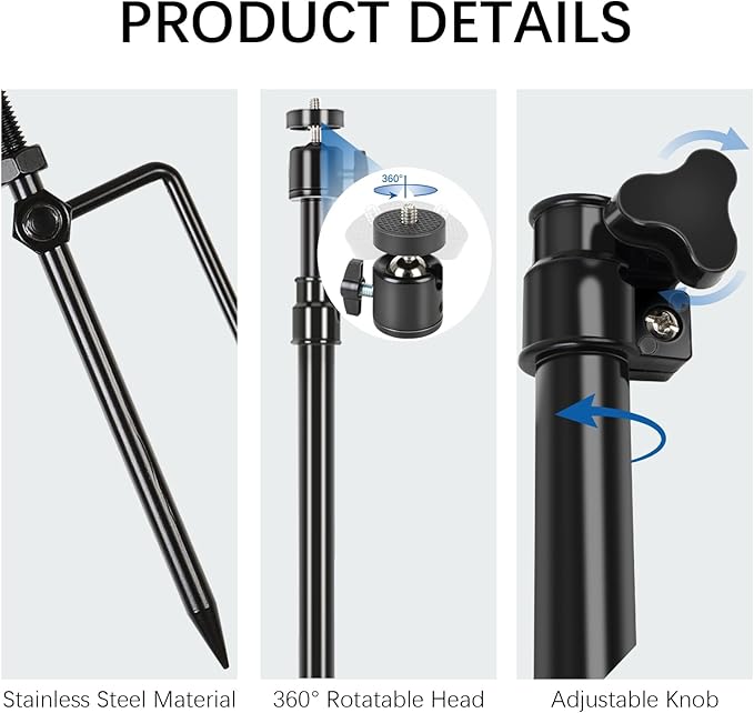 Trail Camera Mount,Height Adjustable (15.7"-28.3") & 360° Rotating Stake,Dual-Mode Base for Soft/Hard Ground Post,Game Cam Stand with 1/4"-20 Thread, Metal pole for Solar Panels,Hunting,Wildlife.3Pcs