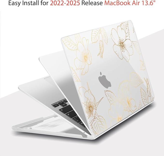 Teryeefi for MacBook Air 13.6 inch Case M4 M3 M2 2022 2023 2024 2025 Model A2681 A3113 A3240 Plastic Hard Shell Cover with Screen Protector & Keyboard Cover & USB 3.0 Adapter, Gold Flower Leaf