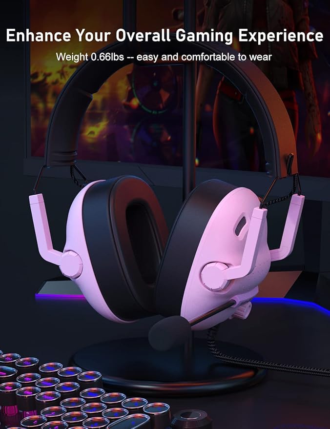 SENZER SG500 Surround Sound Pro Gaming Headset with Noise Cancelling Microphone - Soft Memory Foam Padding - Portable Foldable Headphones for PC, PS4, PS5, Xbox One, Switch - Pink