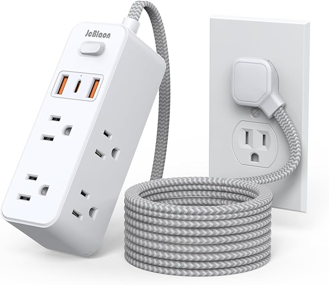 Power Strip Surge Protector, 5Ft Flat Plug Extension Cord with Multiple Outlets, 6 Outlets with 3 USB Ports(1 USB C), 3-Side Outlet Extender, Wall Mount, Compact for Travel, Home, College Dorm Room