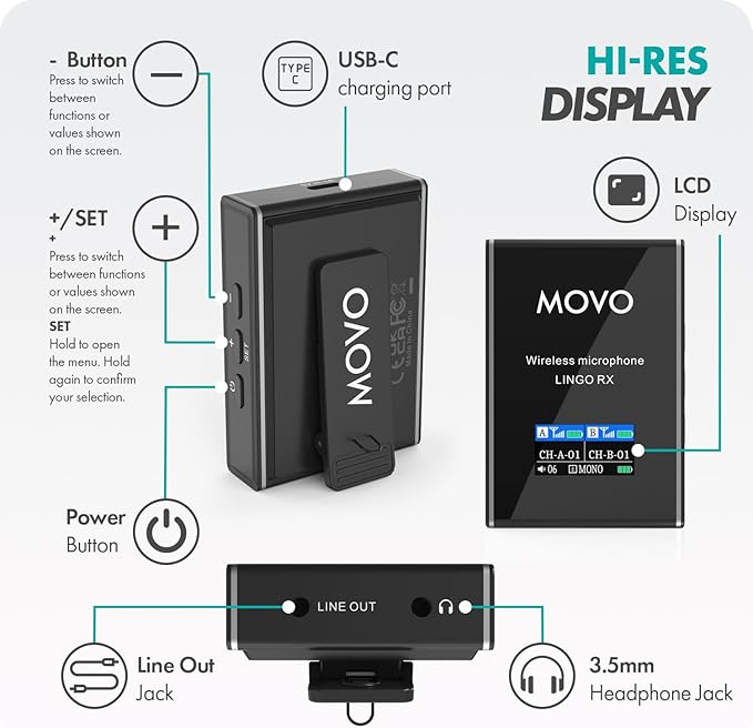 Movo Lingo-Duo 48-Channel UHF Wireless Lavalier Microphone System for Camera - Lav Mic Compatible with Canon, Nikon, and Sony DSLR Cameras - for Filmmaking, Vlogging, Interviews, Content Creation
