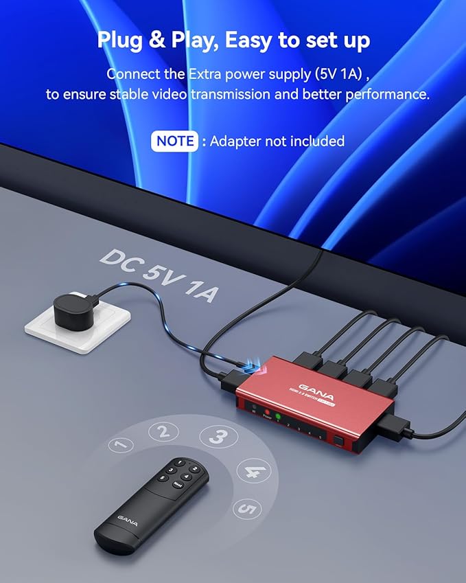 HDMI Switch 5 in 1 Out 4K@60Hz, GANA HDMI Splitter Switcher with Remote, Aluminum HDMI 2.0 Switch Box Hub for 3D, HDCP2.2, HDR, Compatible with Xbox, PS5/4/3,Fire Stick,Roku,Blu-Ray Player, Red