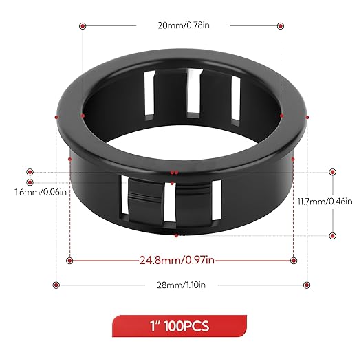 100PCS 1" Black Cable Snap Bushing Grommet, Snap in Cord Bushing Protect Cables