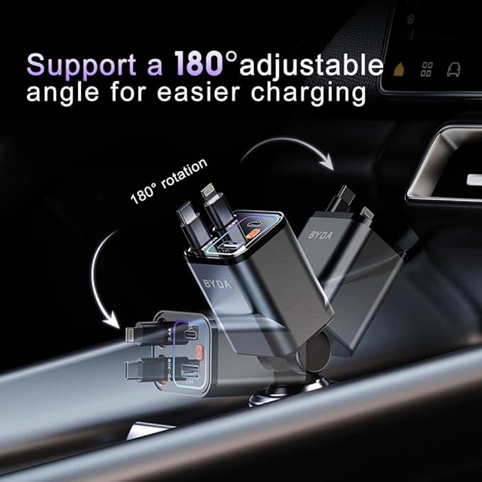 4 in 1 Retractable Car Charger,69W Car Charger USB C,Cigarette Lighter Adapter,Fast Charging for iPhone 16e/16/15/14,13,Samsung Galaxy,iPad,Pixel (Gray, for Dual Cord USB-C)