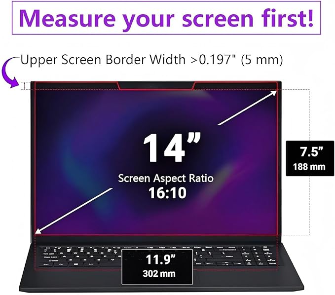 14-inch magnetic privacy screen, suitable for laptops with a 16:10 detachable anti-glare filter, reduces blue light/compatible with HP, Dell, Acer, Asus, Samsung, Lenovo and other laptops.