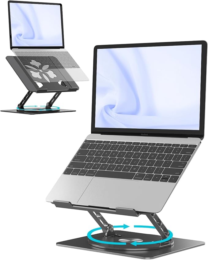 Adjustable Laptop Stand for Desk - Portable Laptop Riser with Rotating Base, Foldable Aluminum Computer Stand, Ergonomic Laptop Holder for MacBook Pro/Air Dell HP Lenovo Notebook up to 15.6", Black