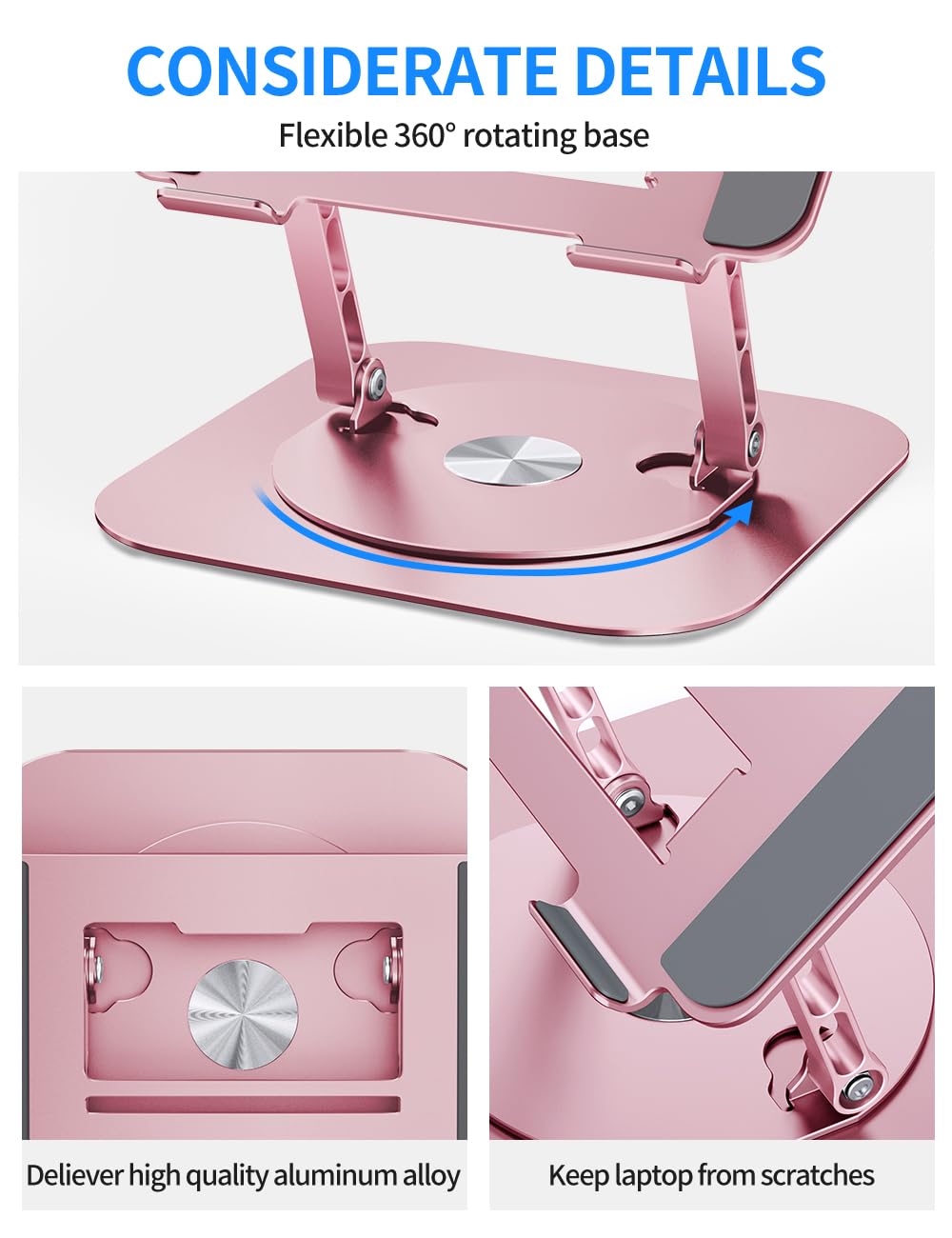 AOEVI Adjustable Laptop Stand with 360 Rotating Base, Computer Stand for Laptop Ergonimic Foldable Laptop Riser for Desk Compatible with MacBook Pro/Air Notebook up to 16 Inches,Pink