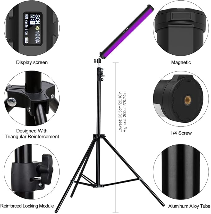RGB Photography Light Wand Stick, 360° Full Color Portable LED Lighting Wand Handheld 5000mAh Rechargeable Battery & Magnet with 27"-80" Tripod Stand-2 Pack