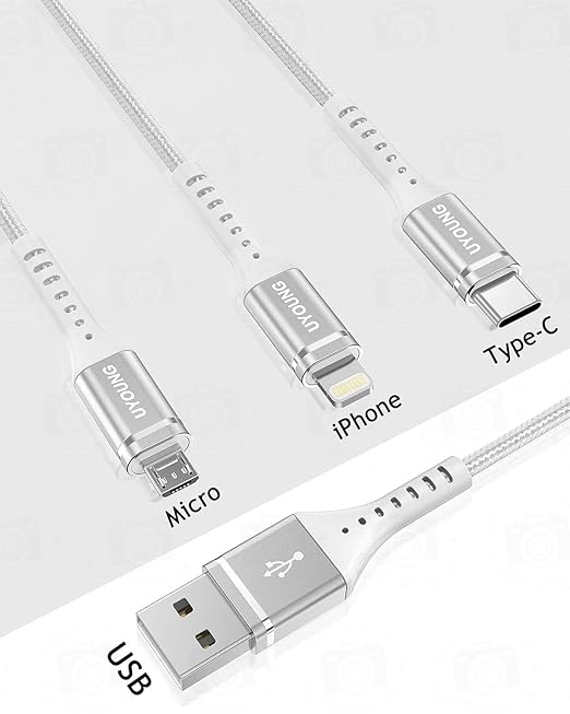 Short Multi Charging Cable 1FT 2Pack 3 in 1 Charger Cord Braided Universal Phone Cords with Lightning/Type C/Micro USB Connectors, Multiple USB Cable for iPhone/Samsung/Google Phones and More