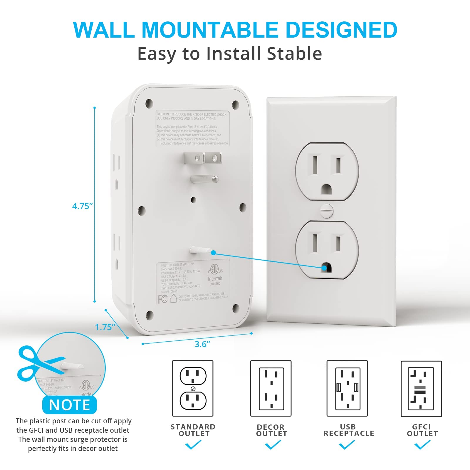 VINTAR 2 Pack Outlet Extender, 6 Outlets Wall Plug with 3 USB(1 USB C,3.4A)