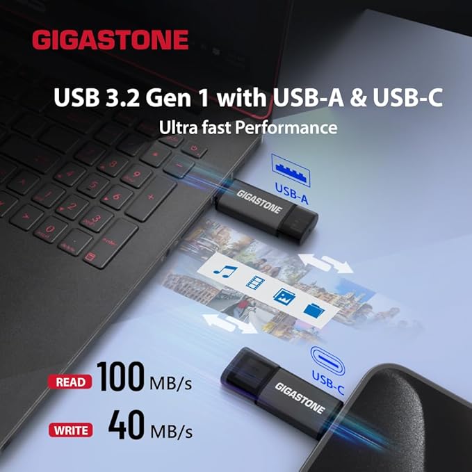 GIGASTONE 64GB Dual Flash Drive (2 Pack) Z40 USB 3.2 Gen 1, 2-in-1 Type-A & Type-C, 100MB/s Ultra Fast, Head Cap Design, Plug & Play for Smartphone/PC/Mac/TV/Car Audio, USB 2.0/3.0/3.1 Compatible
