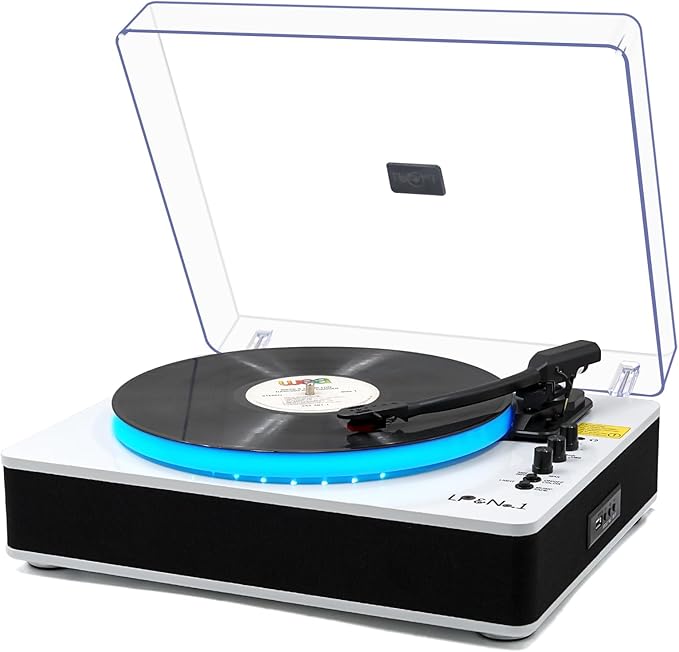 LP&No.1 Record Player with Built-in Stereo Speakers, LED Control, 3-Speed Belt-Drive Vinyl Turntable with USB Playback & Recording, Wireless BT Input & Output, Auto Stop, Pitch Control | White Pearl