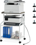 Lauren&Harold 34'' Printer Stand with Power Outlets & USB Ports, 3-Tier Adjustable Rolling Cart, Heavy Duty 150LBS Storage Table with Wheels for Office, Kitchen, Living Room, White