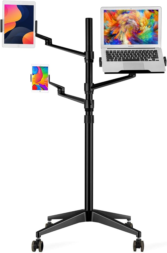 Triple arm Height Adjustable Stand Mount with Rolling Wheel for Laptop(11-17 inch) and Compatible with ipad iPad pro 12.9 inch/Tablet/Ereader (Black)