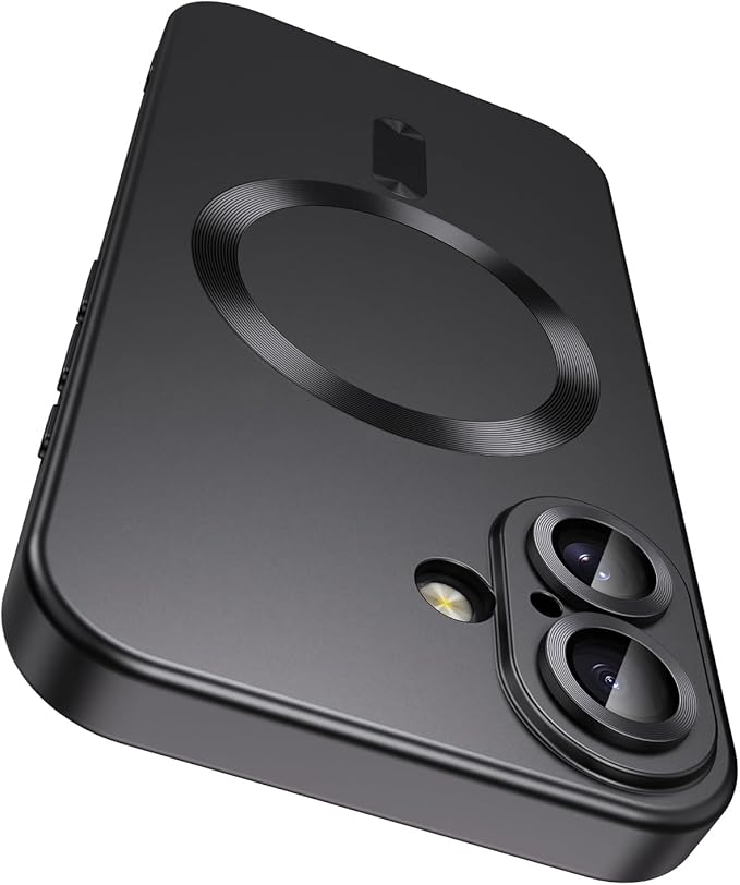 Magnetic for iPhone 16 Plus Case [Compatible with MagSafe][Built-in Camera Lens Protector] Slim Soft Silicone Bumper Shockproof Metallic Luster Phone Case (Black)
