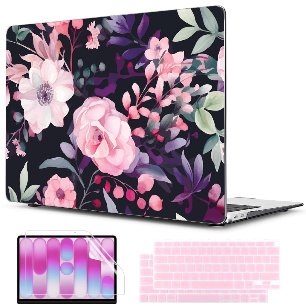 CISSOOK Compatible with MacBook Air 13 inch Case M1 2021 2020-2018 Release Model A2337 A2179 A1932, Flower Plastic Hard Shell Case Black Cover for MacBook Air 13 inch with Touch ID- Pink Flowers