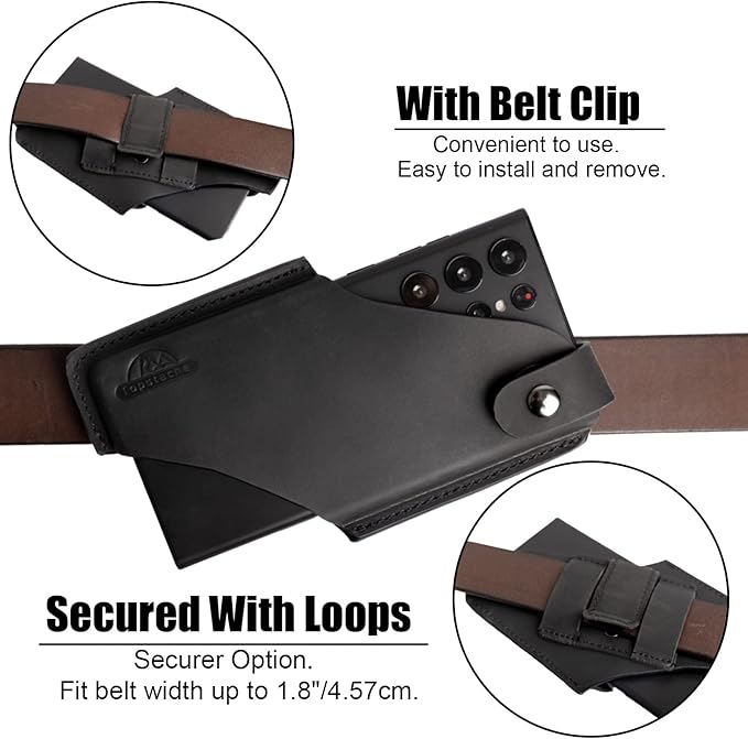 Topstache Leather Phone Holster with Magnetic Closure, Belt Clip Loop Case for iPhone & Samsung, Black, Medium