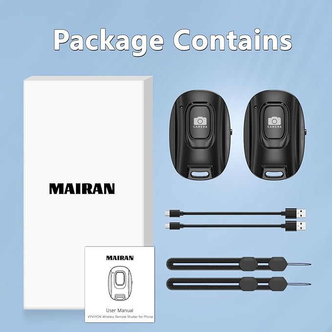 MAIRAN 2 Pack Rechargeable Wireless Camera Remote Shutter for iPhone and Android Smartphones, Bluetooth Phone Remote Control,Selfie Button for Photos and Videos Charging Cable and Wrist Strap Included