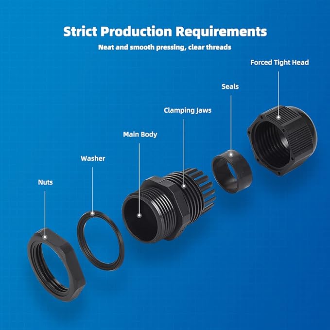 Nylon Cable Gland Kit, CGELE 50 Pack Plastic Waterproof Adjustable Connector 3-16mm Strain Relief Cord Connectors Joints Nylon with Gaskets PG7 PG9 PG11 PG13.5 PG16 PG19