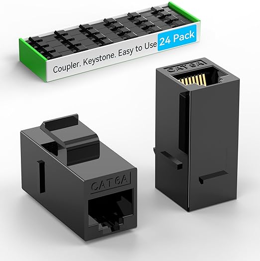 CAT6A RJ45 Keystone Coupler (24 Pack), Cat6 Keystone Jack Female to Female, Cat 6a Inline Keystone Jacks for Wall Plate & Patch Panel, RJ45 Ethernet Coupler Black