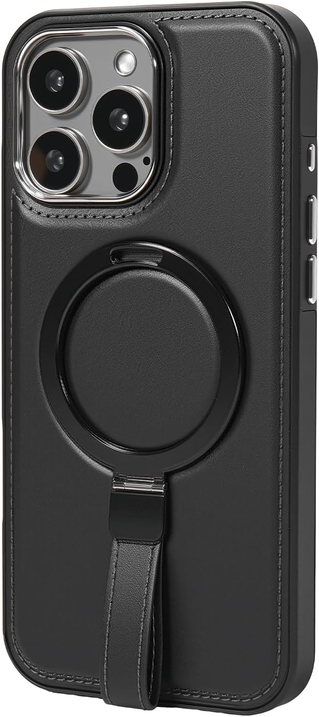 Leather Case, Suitable for iPhone 16 Case, Invisible Magnetic Design, Equipped with a Lanyard and Foldable Stand, Black, Yellow and red (Red, iPhone 16)