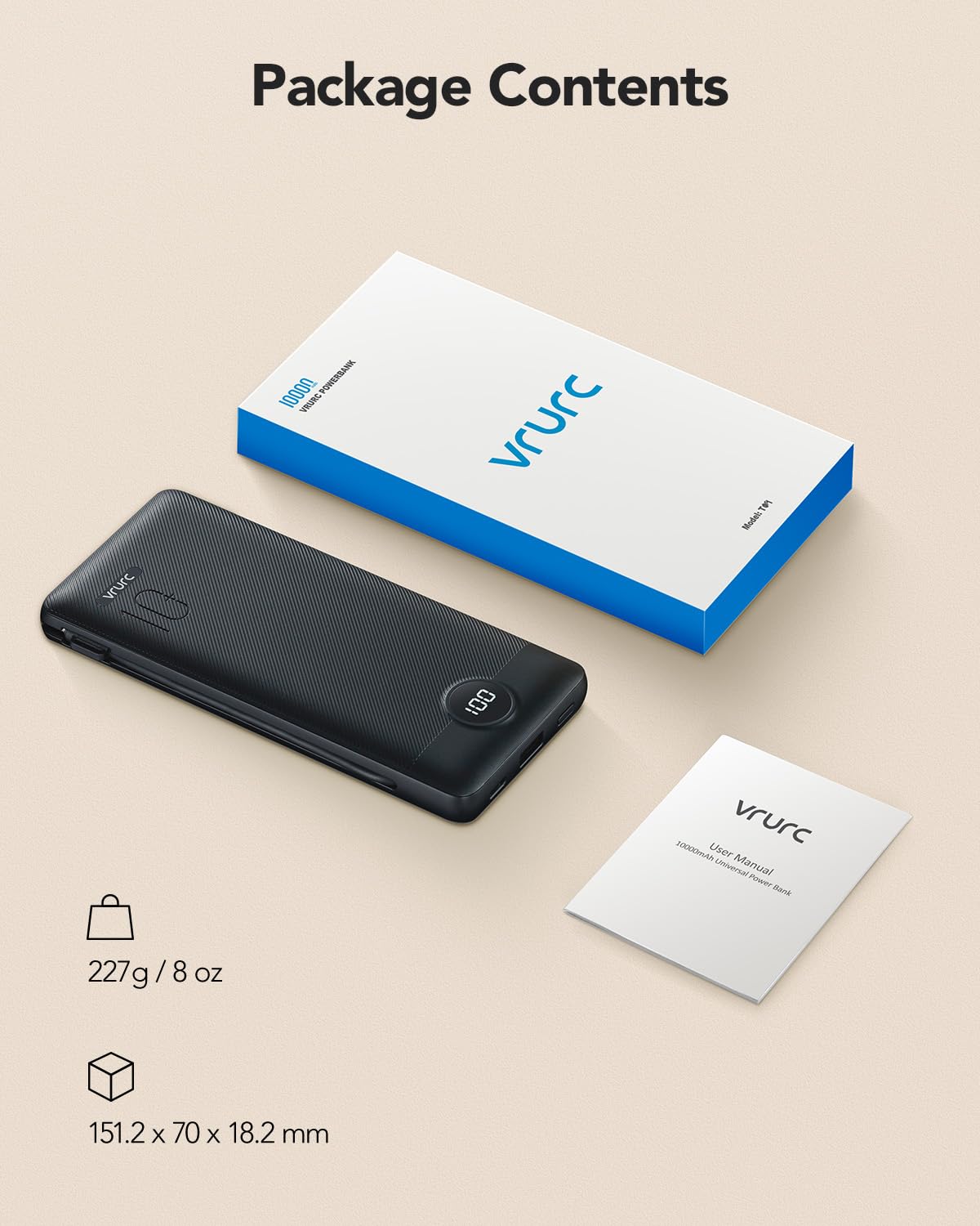VRURC Portable Charger, Power Bank Built-in Cables and AC Wall Plug