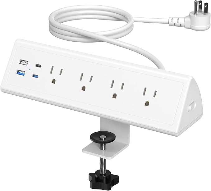 Jgstkcity Desk Clamp Power Strip,20W Fast Charging Station,Surge Protector Nightstand Edge Mount,1875W Extension Cord with Multiple Outlets,2 USB-C,2 USB-A,for Home Office (White, 10 FT)
