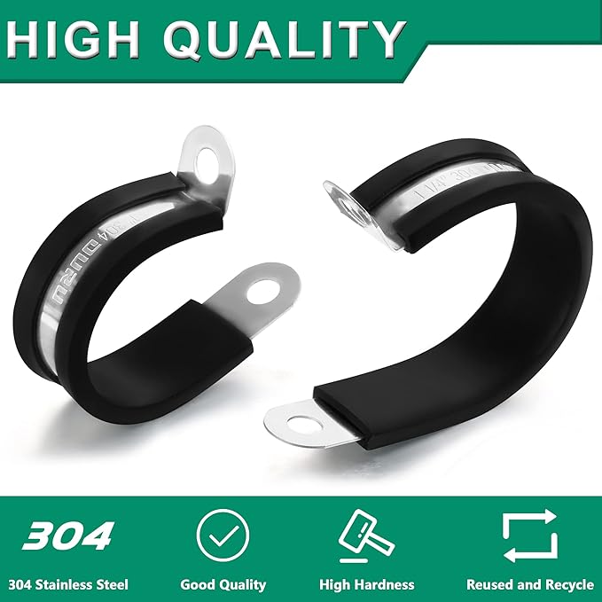 30pcs 1/4 Inch Stainless Steel Rubber Coated Cushioned Insulated Cable Clamps,Automotive Pipe Metal Clamps for Tube,Lines,Wire Cord Installation(Black,6mm)