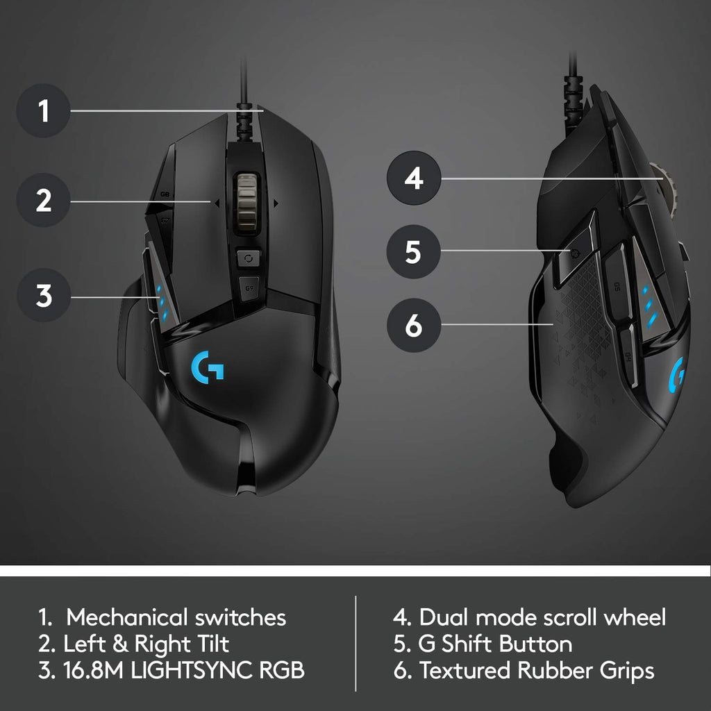 Logitech G502 Hero High Performance Wired Gaming Mouse, Hero 25K Sensor, 25,600 DPI, RGB, Adjustable Weights, 11 Programmable Buttons, On-Board Memory, PC/Mac - Black