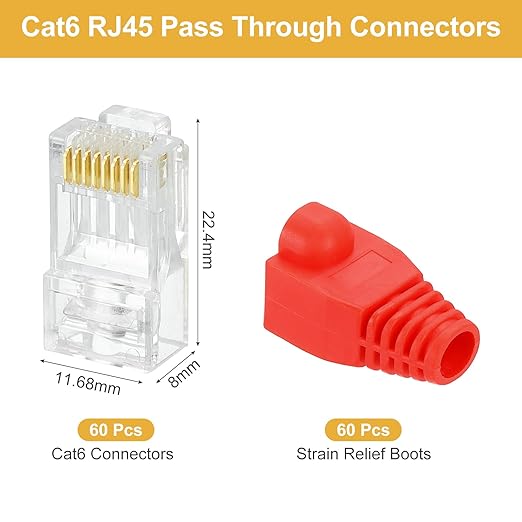 MECCANIXITY 60pcs Cat6 RJ45 Pass Through Connectors, RJ45 Connector 8P8C Gold Plated Plugs with 60pcs Red Strain Relief Boots for Solid or Stranded UTP Ethernet Cable, 1.1mm