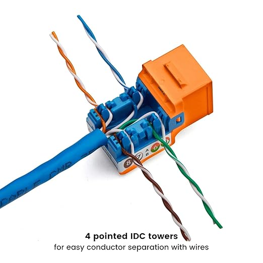 trueCABLE Cat5e Keystone Jack, Unshielded (UTP), 90 Degree Punch-Down, PoE++ (4PPoE) 100W, UL Listed, ETL Verified, ANSI/TIA Certified, Modular RJ45 Female, Orange, 48 Pack