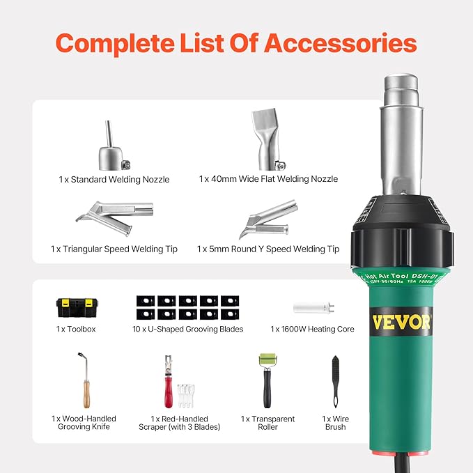 VEVOR Hot Air Plastic Welder, 1600W Hot Air Torch Pistol, 122-1112℉ PVC TPO Vinyl Heat Gun Welding Torch, Plastic Roofing Welding Kit with 11 Accessories- Toolbox, Nozzle, Roller, Blades for PP/PE/PVC