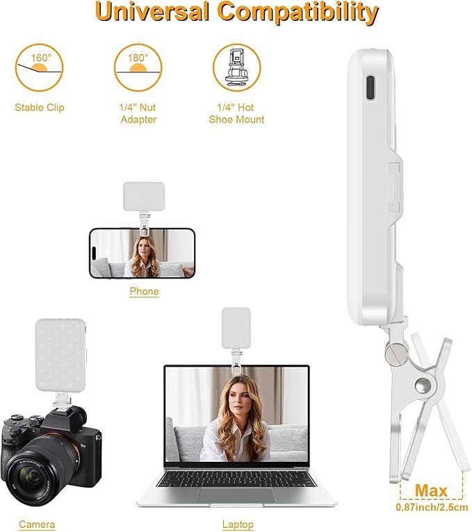 Selfie Light, LED Camera Light Video Lights 60 LED 2200mAh Rechargeable Phone Light 7 Modes, 10-Level Brightness, Portable Clip on Light for Phone/Tablet/Laptop White