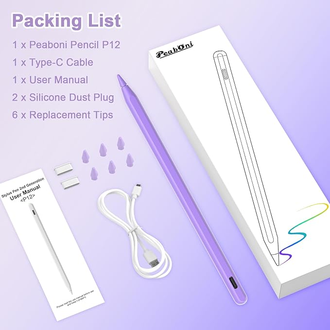 Pencil 2nd Generation for iPad 2018-2024 with Magnetic Wireless Charging Compatible with Apple iPad Pro 13”(M4)/12.9”/11”,iPad Air 6(M2)/5/4/3,iPad mini 7(A17 Pro)/6/5,iPad10/9/8/7/6 Purple