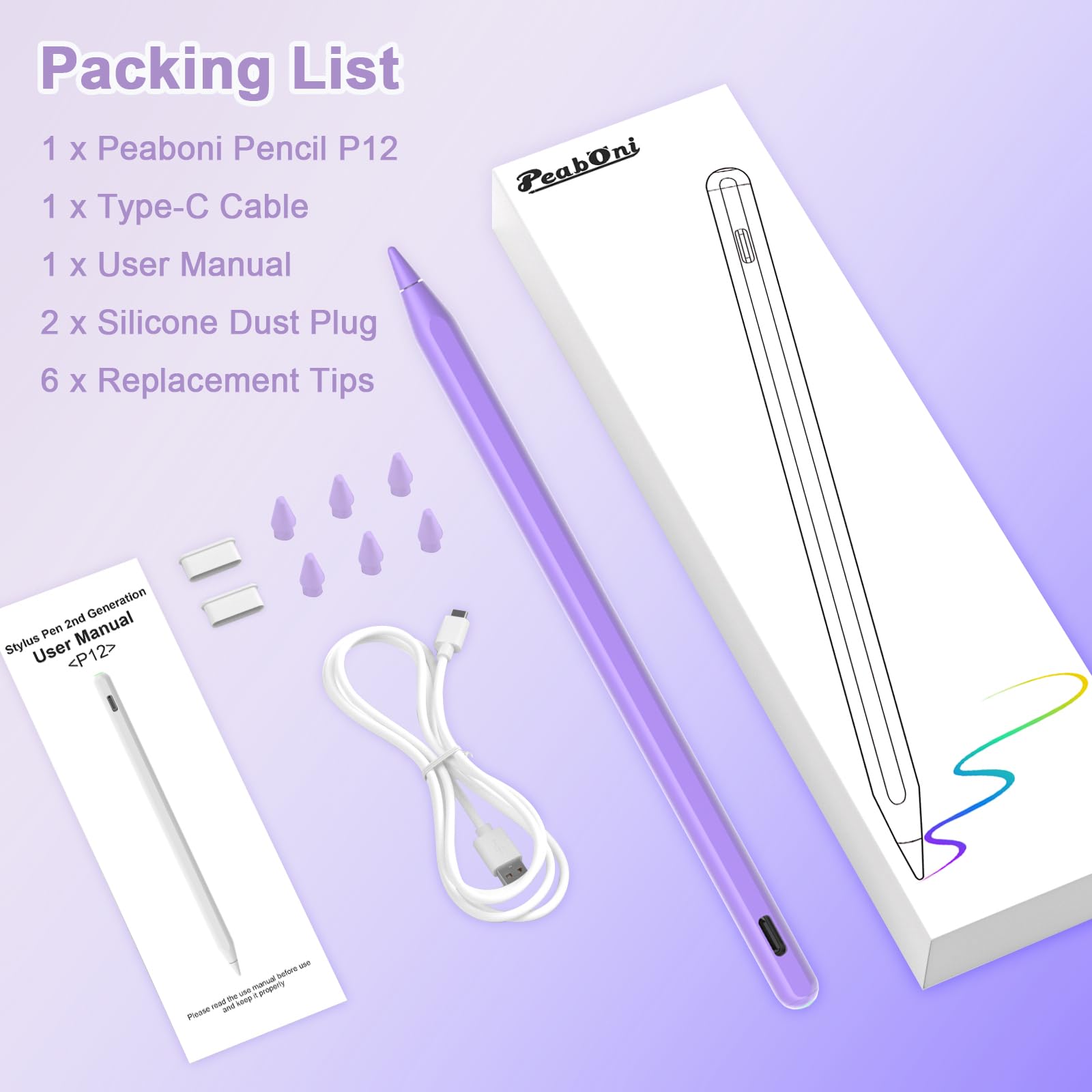 Stylus Pen for iPad, Magnetic Wireless Charging & USB C Fast Charge Pencil Compatible with Apple iPad (A16) 11/10/9/8/7/6th Generation, Pro 13"/12.9"/11", Air M3/M2/5/4/3, Mini (A17 Pro) 7/6/5 Purple