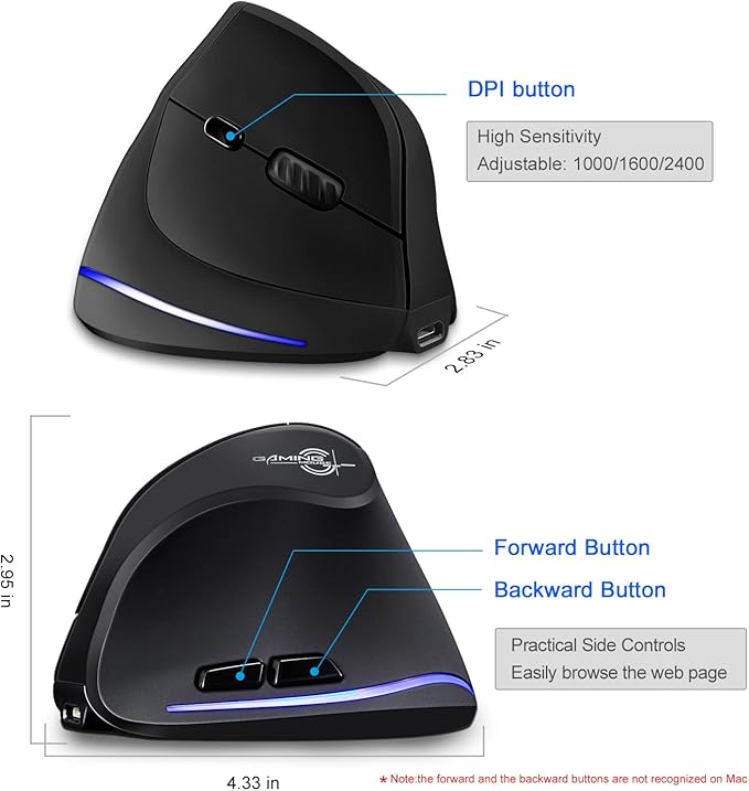 TRELC Ergonomic Mouse, 2.4G Wireless Vertical Optical Mouse with Adjustable Sensitivity (1000/1600/2400 DPI), 6 Buttons for PC, Desktop, Laptop, Notebook (Black)