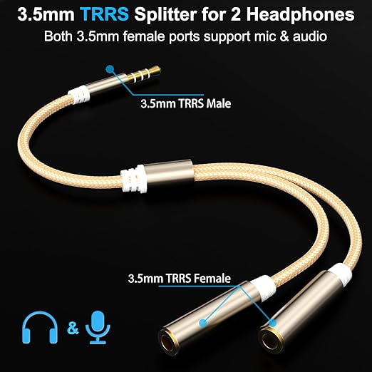 3.5mm TRRS Splitter for 2 Headphones 1FT 2-Pack, Audio & Mic, 3.5 mm Aux Jack Cable 1 in 2 out, Dual 1/8" Stereo Female Adapter, Double Headset Split Y Cord 2 Way for Phone/Tablet/Laptop/PC/MP3, Gold
