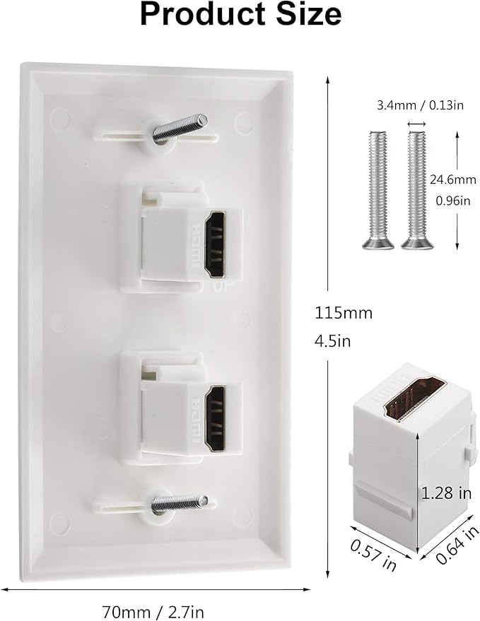 HDMI Wall Plate, 2 Port 4K HDMI Keystone Female to Female Wall Plate-White