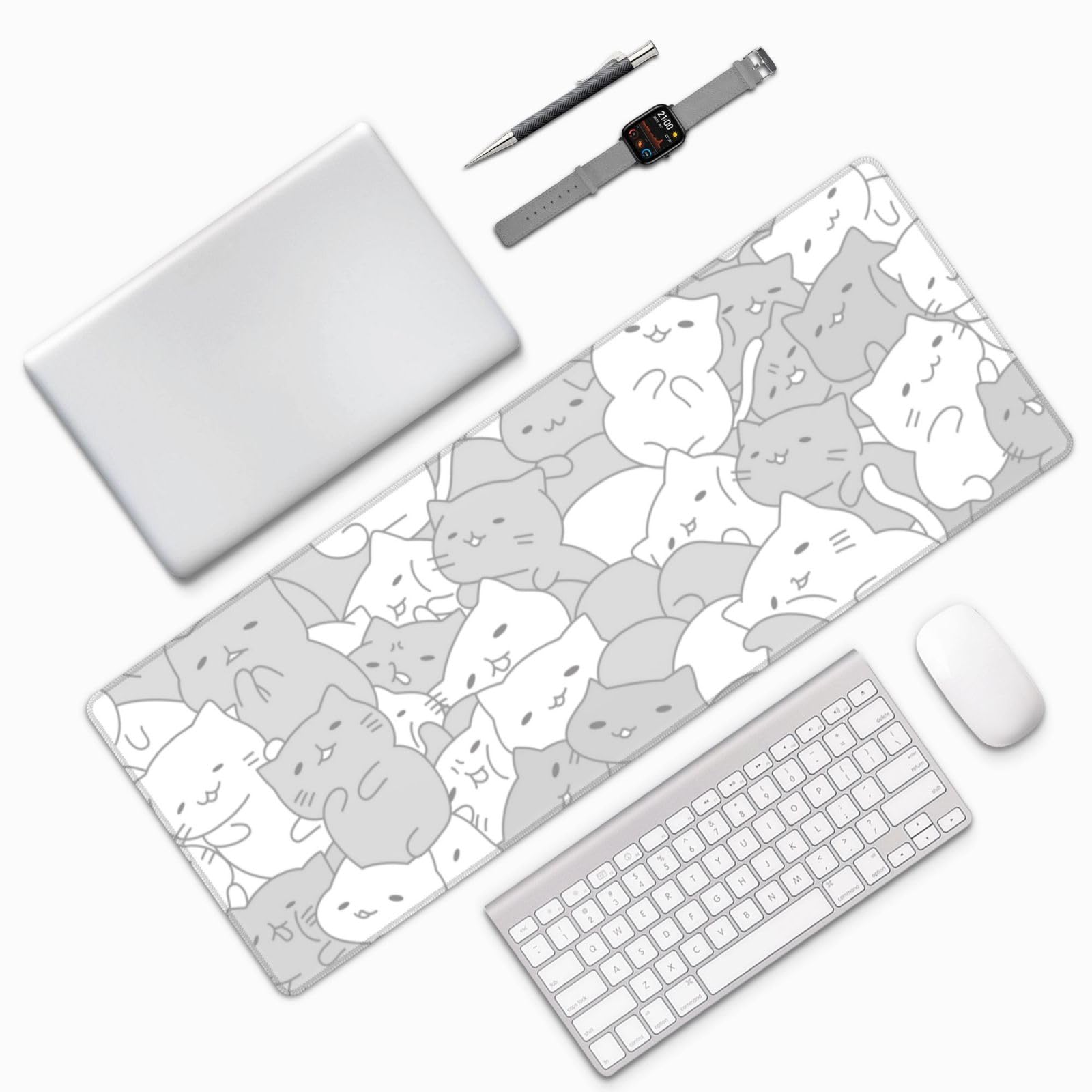 White Kawaii Cats E-Sport Mouse Pad Large Desk Mat Non-Slip Rubber Base Stitched Edge Keyboard Mouse Pad for Office Home E-Sport Computer Laptop, 31.5×11.8 Inches